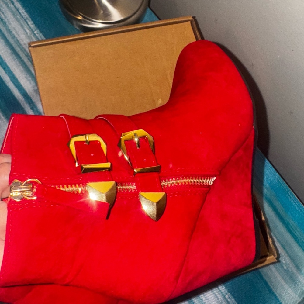 Forever Red Ankle Boots with Gold Accents - Picture 3 of 7